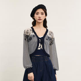 谜底条纹针织开衫长袖女2024夏季新品优雅V领提花灯笼袖242MZ0881