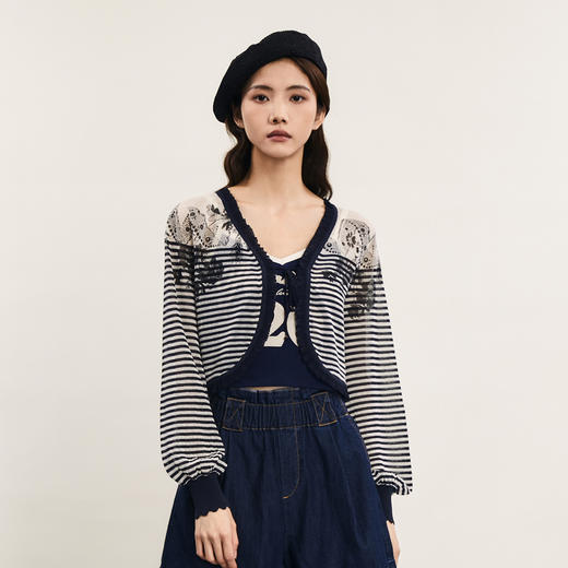 谜底条纹针织开衫长袖女2024夏季新品优雅V领提花灯笼袖242MZ0881 商品图0