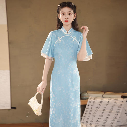 改良日常修身，年轻款水蓝长款气质旗袍XL-24170 商品图2