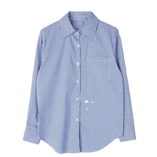 HT-8568实拍蓝色条纹衬衫春季新款设计感小众显瘦职业通勤长袖衬衣 商品图4