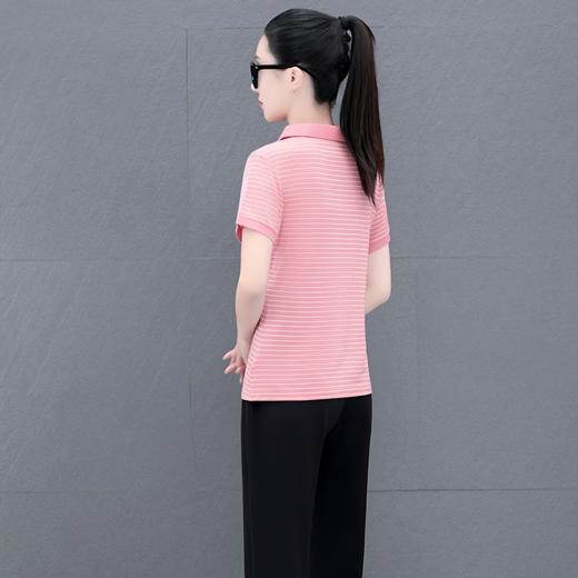 TZW-高档运动休闲套装女夏季新款大码洋气显瘦纯棉条纹短袖长裤两件套 商品图8