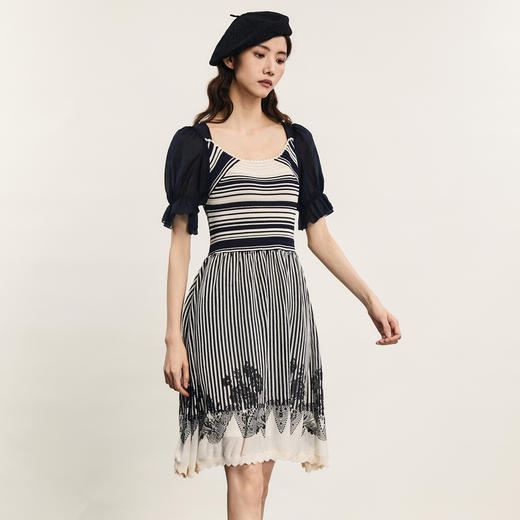 谜底针织连衣裙2024夏季新品复古优雅拼接式条纹中长裙242MZ0897 商品图1