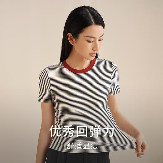 金三塔新款桑蚕丝T恤女撞色短袖圆领宽松舒适打底衫女可外穿小衫  YZFEB701 商品图2