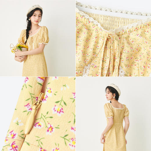 【严选】诗凡黎春蕾丝装饰边搭配泡泡袖方领设连衣裙SF3290081 商品图2