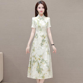 新中式国风时尚旗袍裙，立领短袖印花修身连衣裙QYM-OMS-CA4330-L