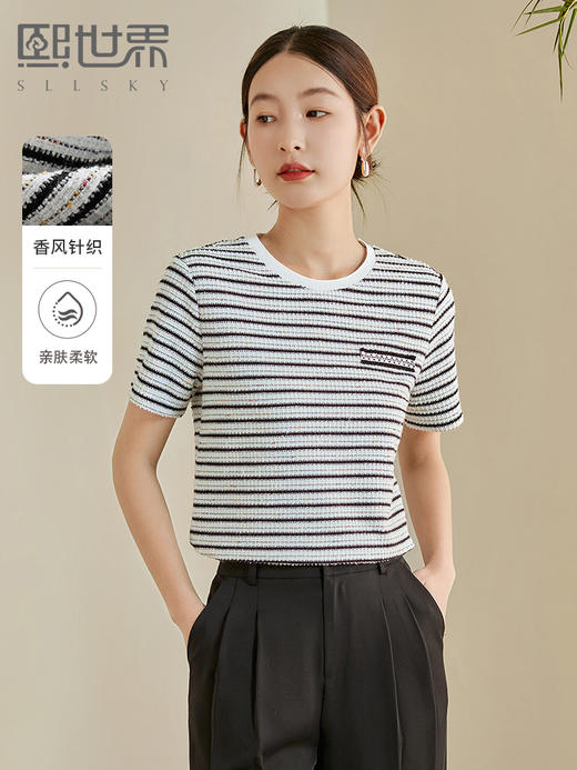 【专属特价】熙世界冰丝针织条纹T恤女短袖2025夏款气质银丝小香风圆领上衣 商品图0