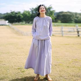 绽放151-152朵/盐缩砂洗80支长绒棉宽松减龄文艺田园T恤半裙套装