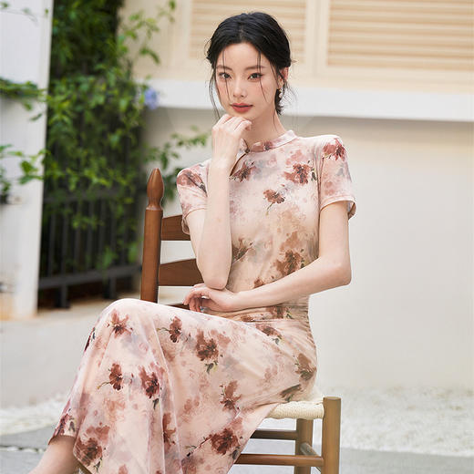 【限时秒杀】新中式国风旗袍领连衣裙女新款精致印花A摆针织裙V0050531 商品图2