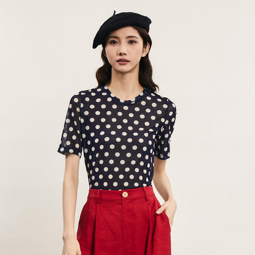 谜底波点T恤短袖女2024年夏季新品百搭特色修身高弹上衣242MT0719 商品图0