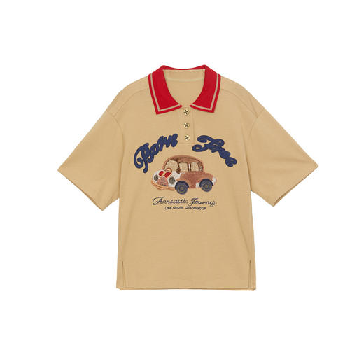 谜底POLO衫上衣短袖2024年夏款美式复古风绣花中长款T恤242MT0671 商品图4