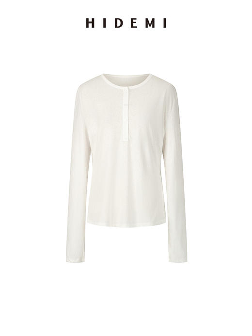 HIDEMI 【当当同款】圆领纽扣极简春夏松弛感亨利领自然棉长袖外穿宽松t恤女 商品图10