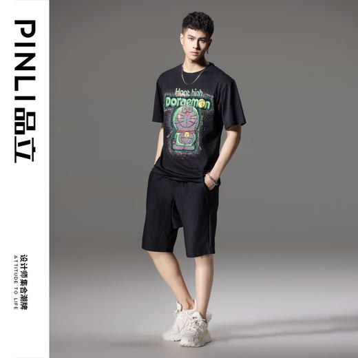 PINLI品立夏季新款印花烫钻纯棉短袖T恤男士潮牌卡通休闲体恤BG242111040 商品图1