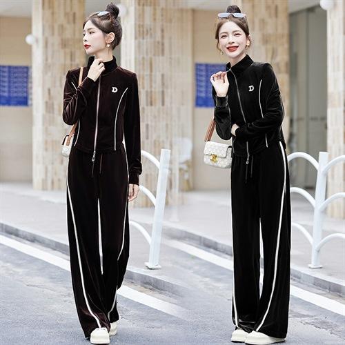 雀说 女春秋金丝绒显瘦时尚开衫立领卫衣阔腿裤两件套潮休闲运动服金丝绒套装66541 商品图0