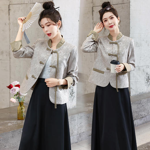 优雅新中式，盘扣撞色提花立领短外套HR-LNS9679 商品图2