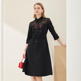 MC815斯尔丽2024春季新款衬衫领拼蕾丝烫钻收腰显瘦七分袖连衣裙