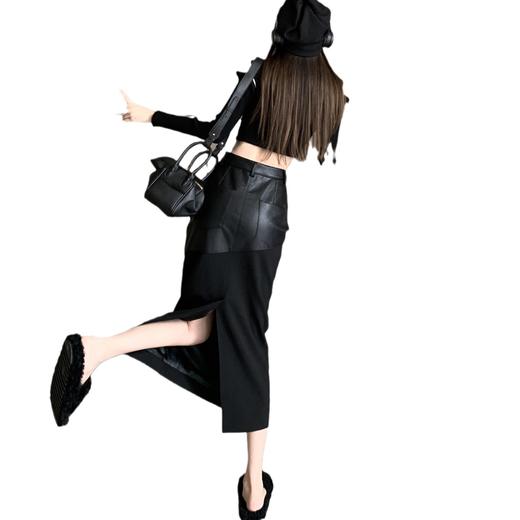 AHM-1693高级感黑色半身裙时尚小众PU皮拼接高腰宽松显瘦长裙 商品图4