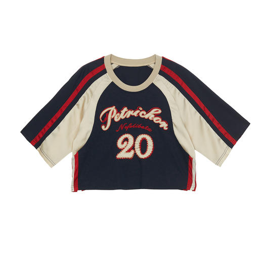 谜底宽松T恤短袖女2024年夏款复古运动风拼接感绣花上衣242MT0676 商品图4