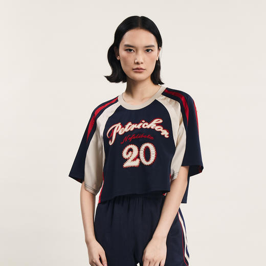 谜底宽松T恤短袖女2024年夏款复古运动风拼接感绣花上衣242MT0676 商品图0