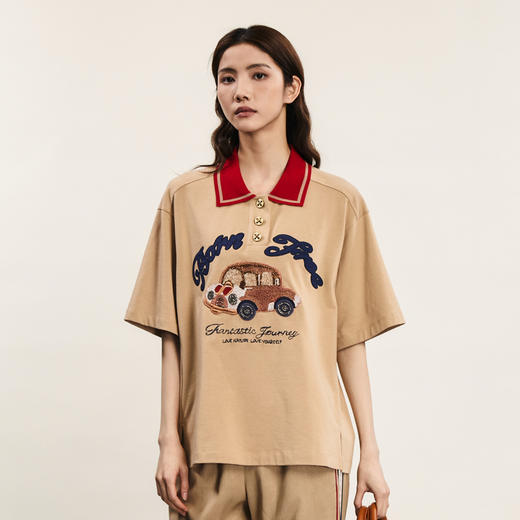谜底POLO衫上衣短袖2024年夏款美式复古风绣花中长款T恤242MT0671 商品图0