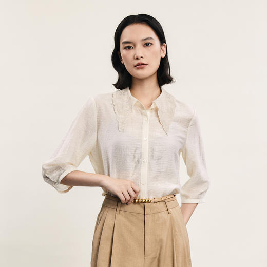 谜底通勤衬衫七分袖女2024年夏款法式浪漫领口绣花衬衣242MC0674 商品图0