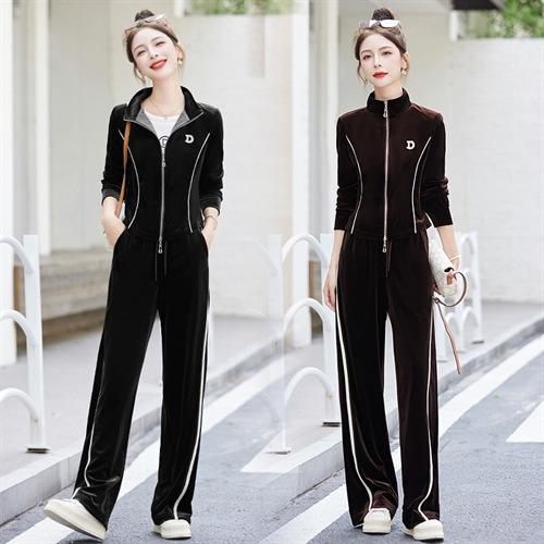 雀说 女春秋金丝绒显瘦时尚开衫立领卫衣阔腿裤两件套潮休闲运动服金丝绒套装66541 商品图1