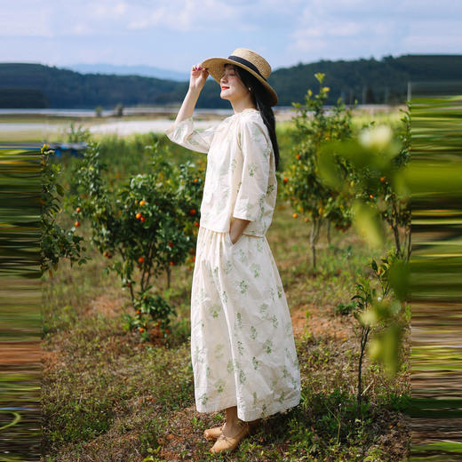 绽放151-152朵/盐缩砂洗80支长绒棉宽松减龄文艺田园T恤半裙套装 商品图3