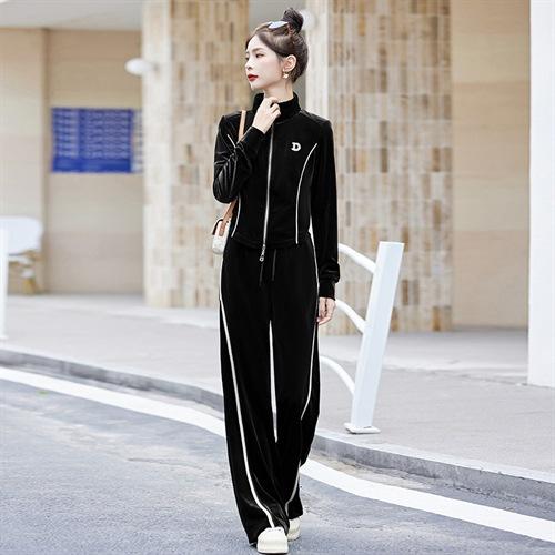 雀说 女春秋金丝绒显瘦时尚开衫立领卫衣阔腿裤两件套潮休闲运动服金丝绒套装66541 商品图4