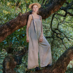 谜底背带裤长裤女2024夏季新品复古时髦黑白条纹阔腿裤242MK0629