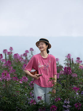 牧衣游原创汉麻棉机绣短T恤女新款圆领宽松休闲百搭短袖上衣 游仁