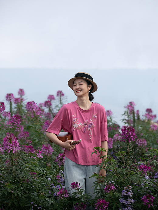 牧衣游原创汉麻棉机绣短T恤女新款圆领宽松休闲百搭短袖上衣 游仁 商品图0