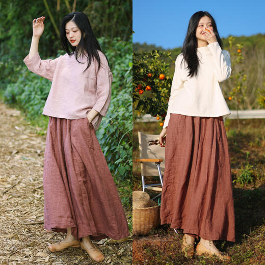 绽放100朵/2024新款色织亚麻天然褶皱感宽松遮肉显瘦武士裤 商品图2