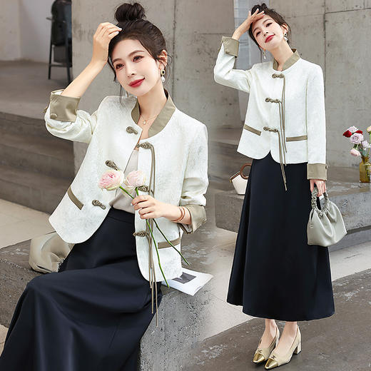 优雅新中式，盘扣撞色提花立领短外套HR-LNS9679 商品图1