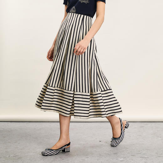 谜底条纹半身裙女2024年夏款复古文艺风高腰拼接中长裙242MB0645 商品图1