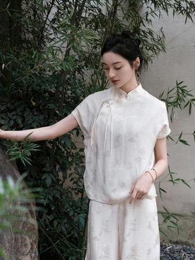 瑕疵|盛唐牡丹 |桃花源香槟色真丝提花上衣[特价品](特殊商品不退不换)