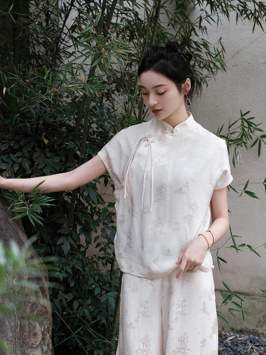 盛唐牡丹 |桃花源香槟色真丝提花上衣 商品图3