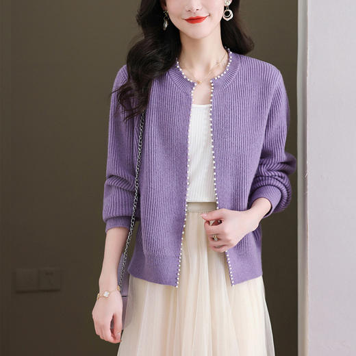 TZW-针织开衫外套女春装2024新款紫色钉珠毛衣春秋季外搭时尚洋气上衣 商品图0