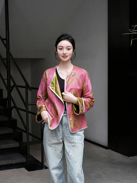 微瑕秒杀 |盛唐牡丹 |色织真丝花锦缎团龙纹外套[特价品](特殊商品不退不换)