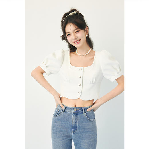 【严选】诗凡黎春短款小香风泡泡袖衬衫SF3420291 商品图2