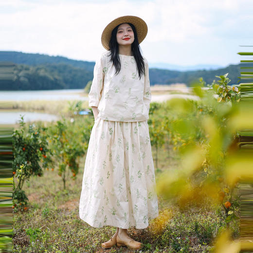 绽放151-152朵/盐缩砂洗80支长绒棉宽松减龄文艺田园T恤半裙套装 商品图1