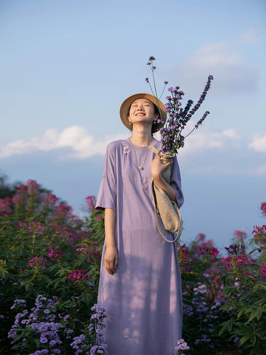 牧衣游原创 汉麻棉手工刺绣连衣裙新款圆领宽松T恤裙休闲 海月 商品图0