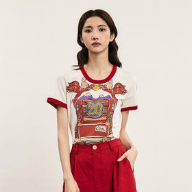 谜底圆领印花T恤女2024年夏季新品复古特色撞色修身上衣242MT0585