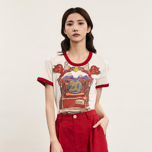 谜底圆领印花T恤女2024年夏季新品复古特色撞色修身上衣242MT0585 商品图0