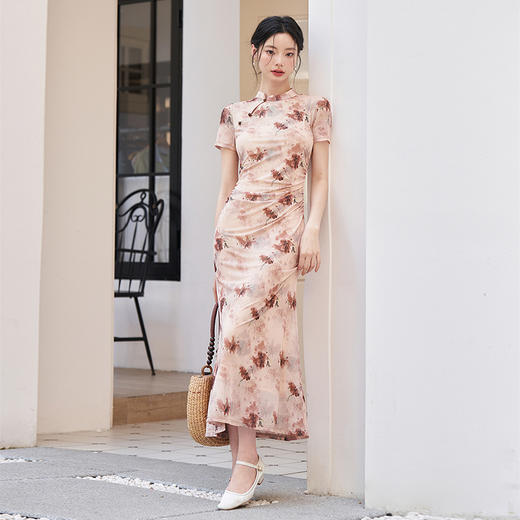 【限时秒杀】新中式国风旗袍领连衣裙女新款精致印花A摆针织裙V0050531 商品图1