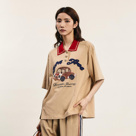 谜底POLO衫上衣短袖2024年夏款美式复古风绣花中长款T恤242MT0671 商品图1