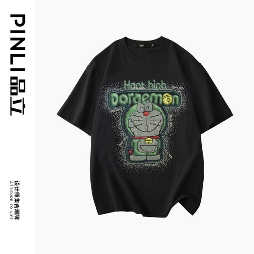 PINLI品立夏季新款印花烫钻纯棉短袖T恤男士潮牌卡通休闲体恤BG242111040 商品图5