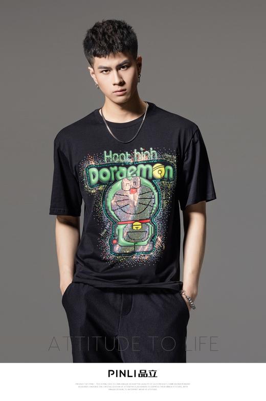 PINLI品立夏季新款印花烫钻纯棉短袖T恤男士潮牌卡通休闲体恤BG242111040 商品图6