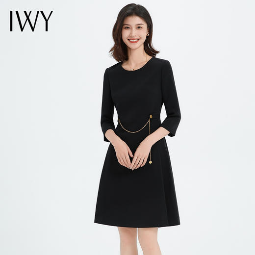 IWY/黑色连衣裙新款七分袖长裙设计感高端商务正式场合淑女气质ol裙子Q13304 商品图1