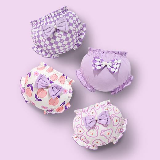 【4条装 萌趣可爱 舒适透气不夹pp】卡通可爱童内裤面包裤三角纯棉蝴蝶结双层荷叶边外穿薄款 商品图6