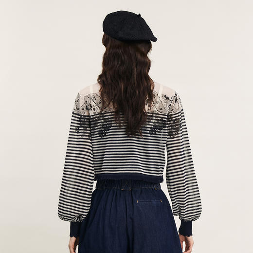 谜底条纹针织开衫长袖女2024夏季新品优雅V领提花灯笼袖242MZ0881 商品图2