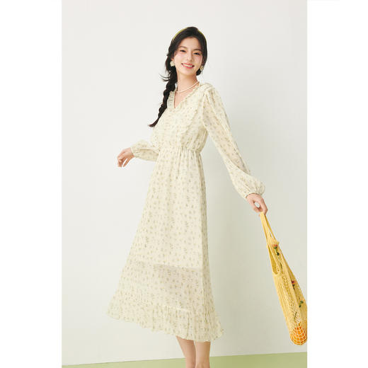 【严选】诗凡黎春荷叶边飘带设计松紧袖口气质长款连衣裙SF3390691 商品图1